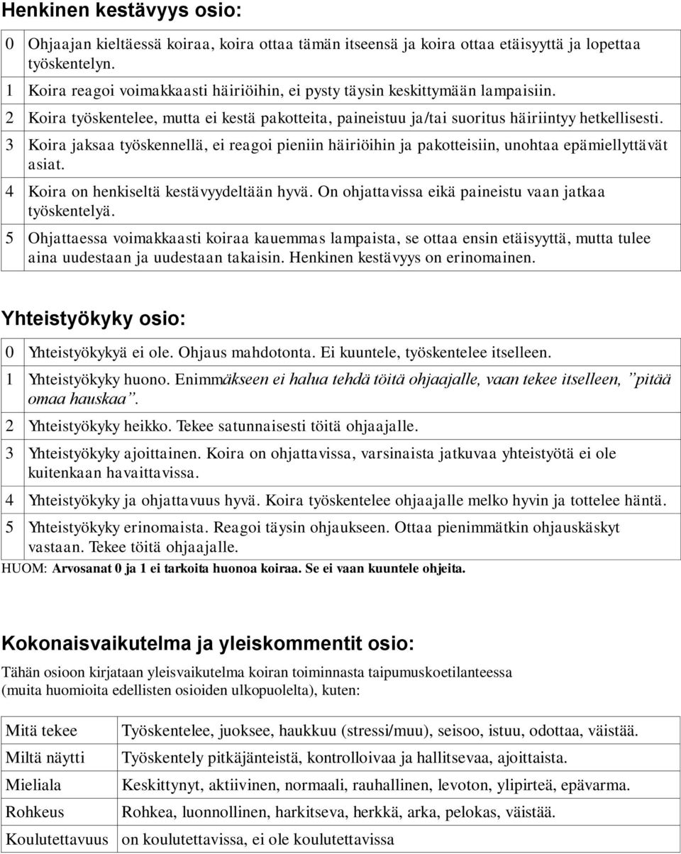 3 Koira jaksaa työskennellä, ei reagoi pieniin häiriöihin ja pakotteisiin, unohtaa epämiellyttävät asiat. 4 Koira on henkiseltä kestävyydeltään hyvä.