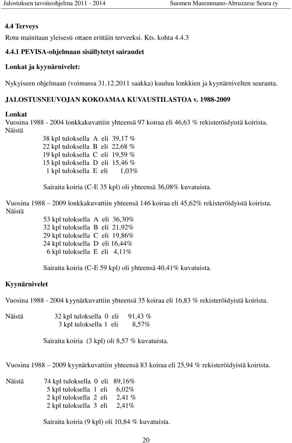 1988-2009 Lonkat Vuosina 1988-2004 lonkkakuvattiin yhteensä 97 koiraa eli 46,63 % rekisteröidyistä koirista.