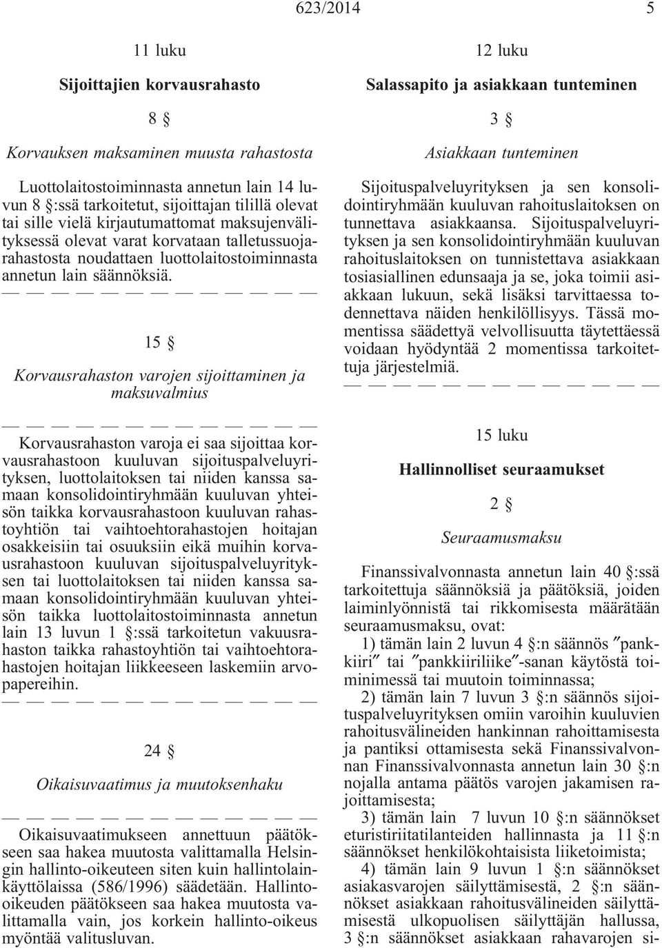 15 Korvausrahaston varojen sijoittaminen ja maksuvalmius Korvausrahaston varoja ei saa sijoittaa korvausrahastoon kuuluvan sijoituspalveluyrityksen, luottolaitoksen tai niiden kanssa samaan