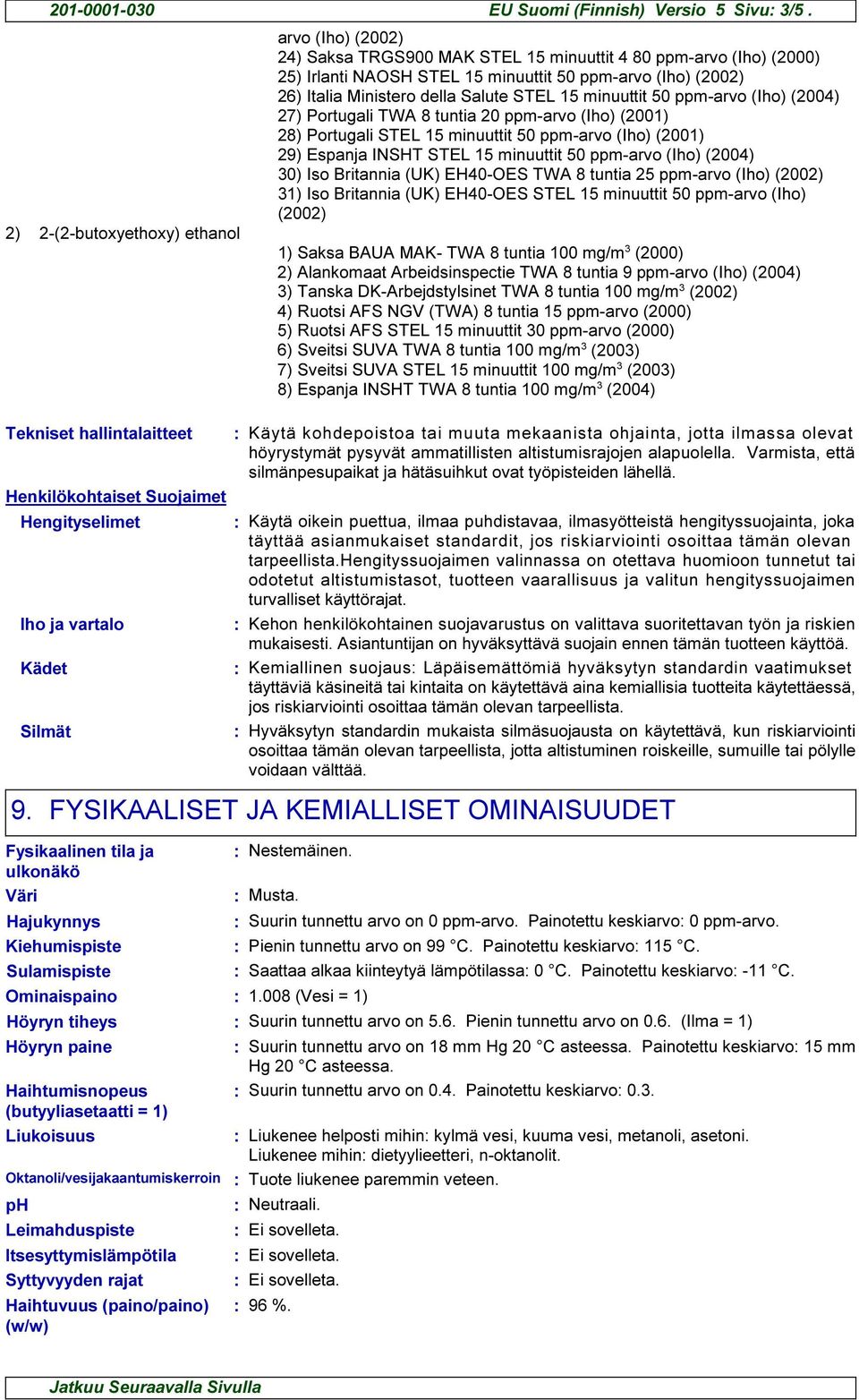 50 ppm-arvo (Iho) (2004) 27) Portugali TWA 8 tuntia 20 ppm-arvo (Iho) (2001) 28) Portugali STEL 15 minuuttit 50 ppm-arvo (Iho) (2001) 29) Espanja INSHT STEL 15 minuuttit 50 ppm-arvo (Iho) (2004) 30)