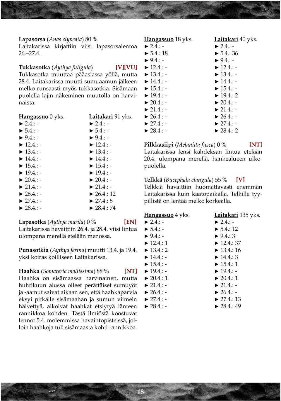 4.: - 19.4.: - 20.4.: - 20.4.: - 26.4.: - 26.4.: 12 27.4.: - 27.4.: 5 28.4.: - 28.4.: 74 Lapasotka (Aythya marila) 0 % [EN] Laitakarissa havaittiin 26.4. ja 28.4. viisi lintua ulompana merellä etelään menossa.