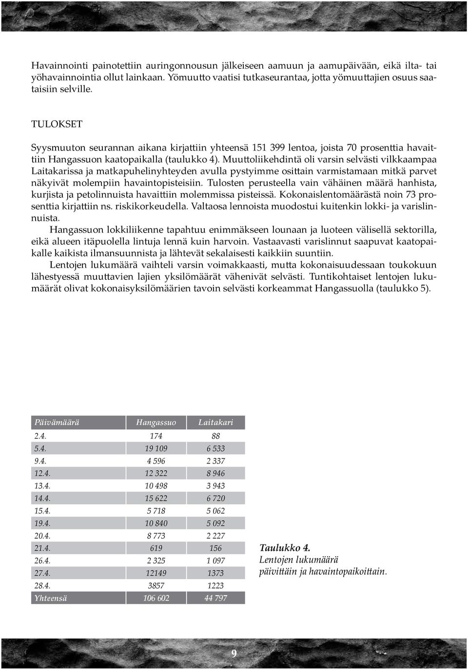 Muuttoliikehdintä oli varsin selvästi vilkkaampaa Laitakarissa ja matkapuhelinyhteyden avulla pystyimme osittain varmistamaan mitkä parvet näkyivät molempiin havaintopisteisiin.