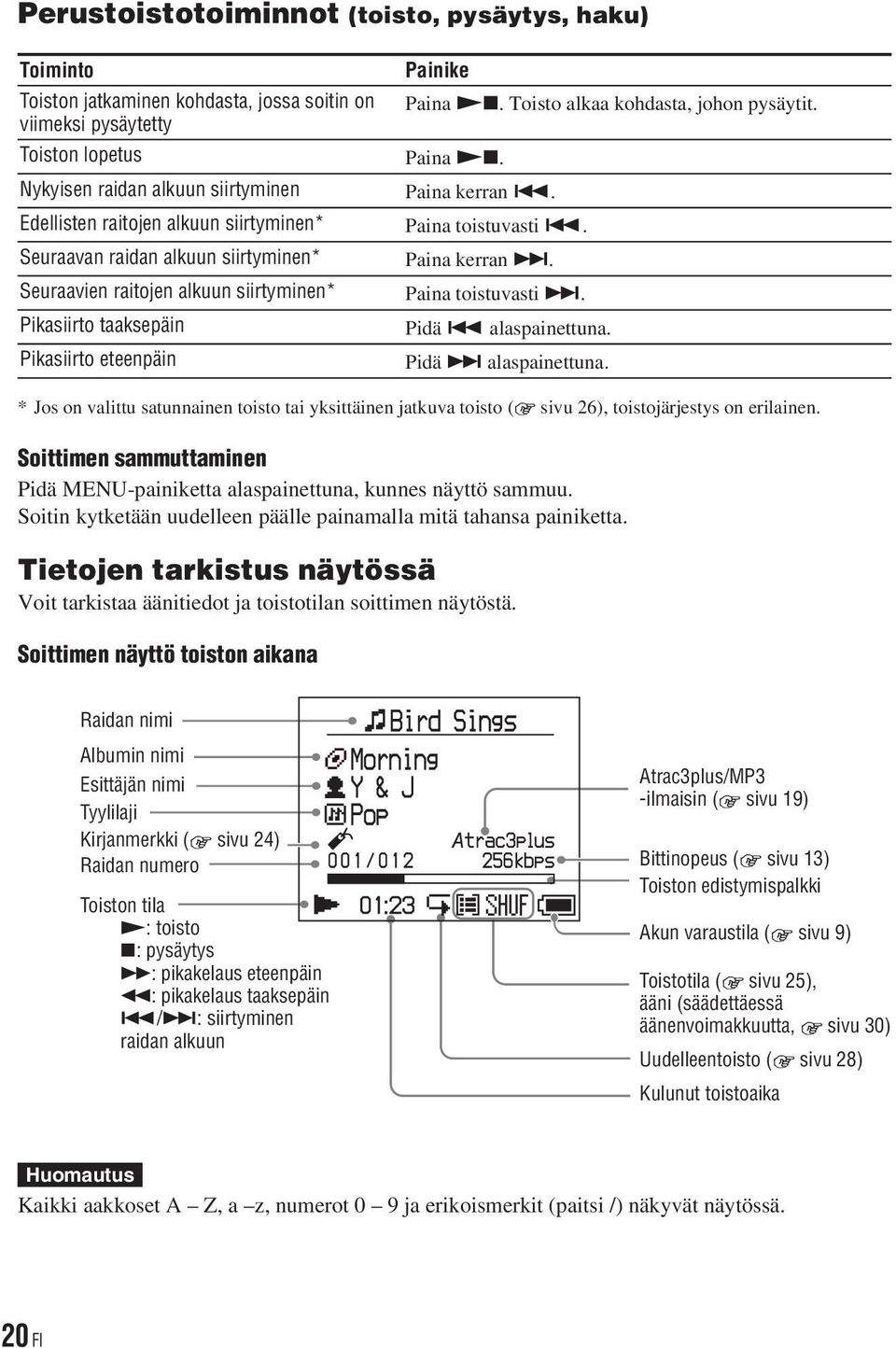 Pikasiirto taaksepäin Pikasiirto eteenpäin Pidä alaspainettuna. Pidä alaspainettuna. * Jos on valittu satunnainen toisto tai yksittäinen jatkuva toisto ( sivu 26), toistojärjestys on erilainen.