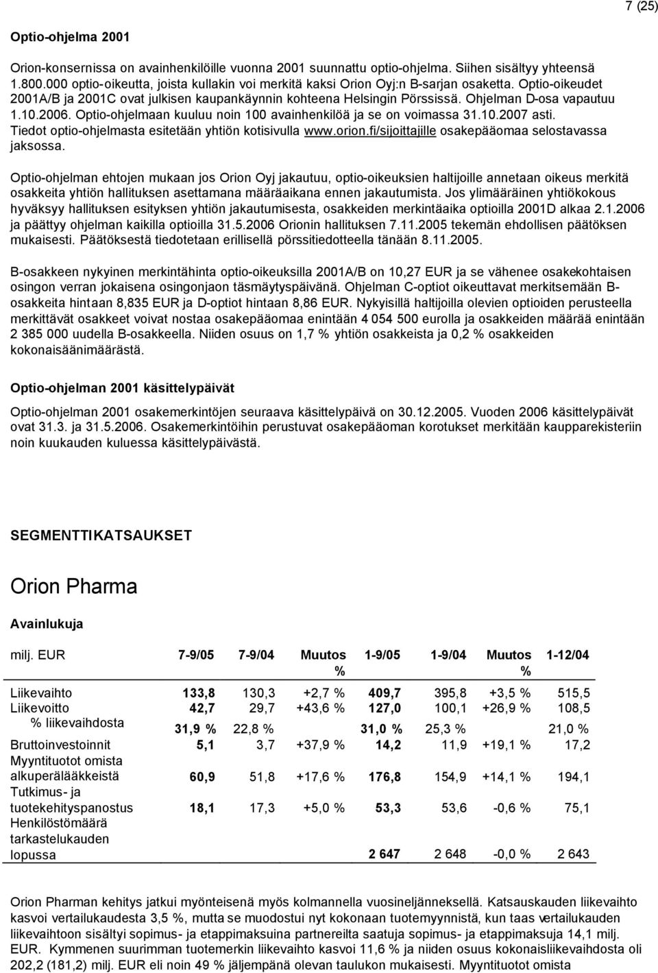 Ohjelman D-osa vapautuu 1.10.2006. Optio-ohjelmaan kuuluu noin 100 avainhenkilöä ja se on voimassa 31.10.2007 asti. Tiedot optio-ohjelmasta esitetään yhtiön kotisivulla www.orion.