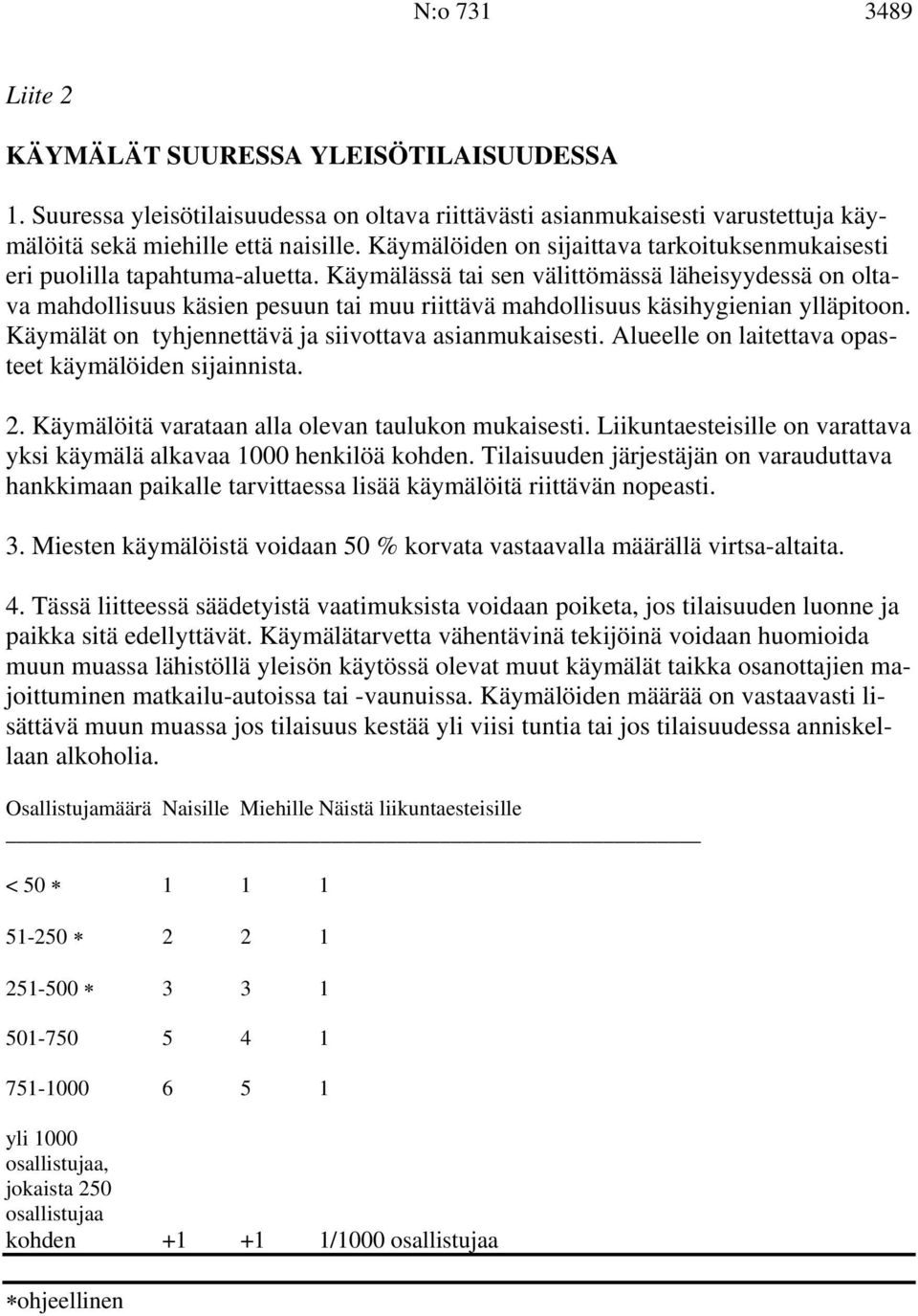 Käymälässä tai sen välittömässä läheisyydessä on oltava mahdollisuus käsien pesuun tai muu riittävä mahdollisuus käsihygienian ylläpitoon. Käymälät on tyhjennettävä ja siivottava asianmukaisesti.