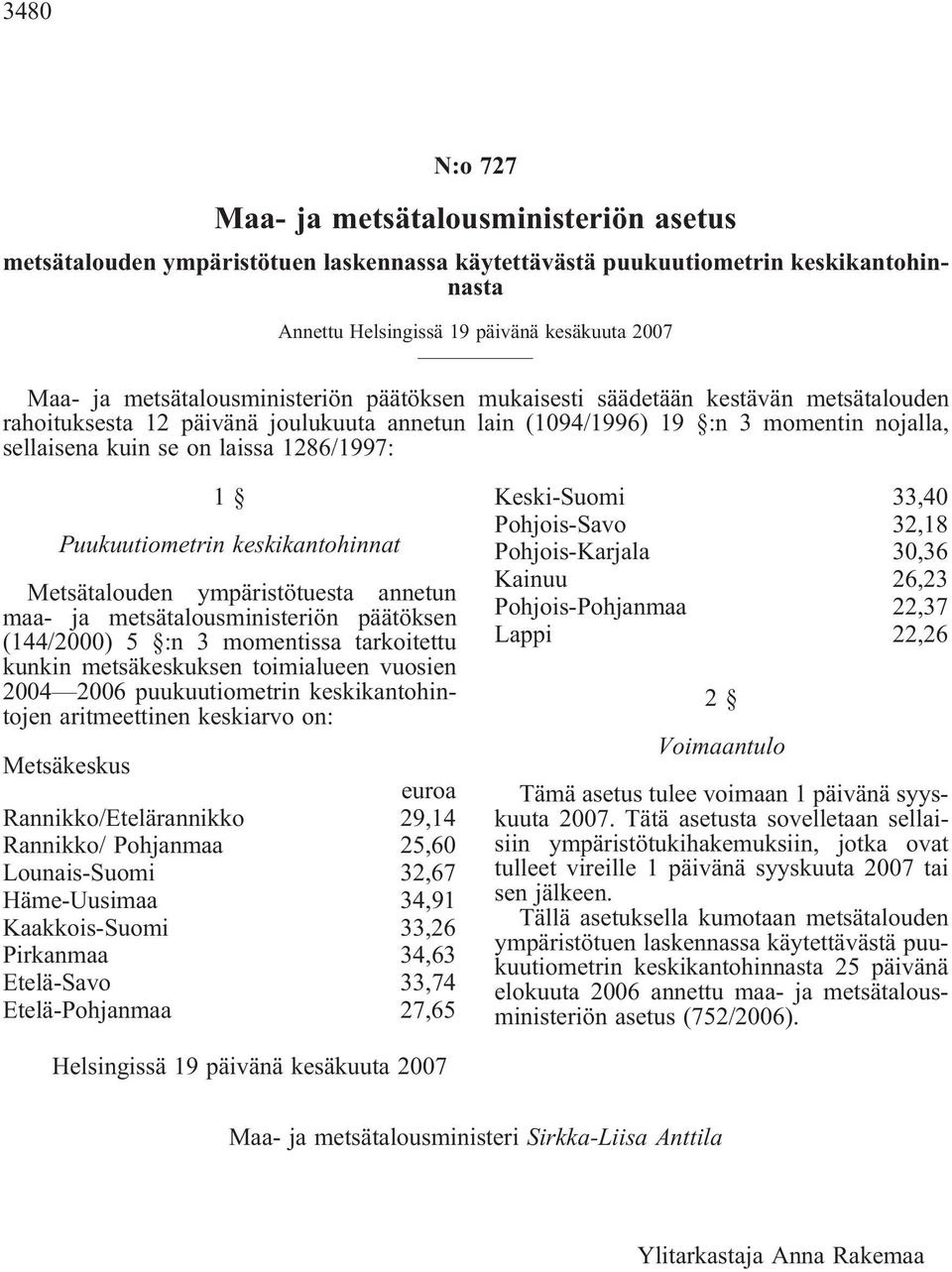 1286/1997: 1 Puukuutiometrin keskikantohinnat Metsätalouden ympäristötuesta annetun maa- ja metsätalousministeriön päätöksen (144/2000) 5 :n 3 momentissa tarkoitettu kunkin metsäkeskuksen toimialueen