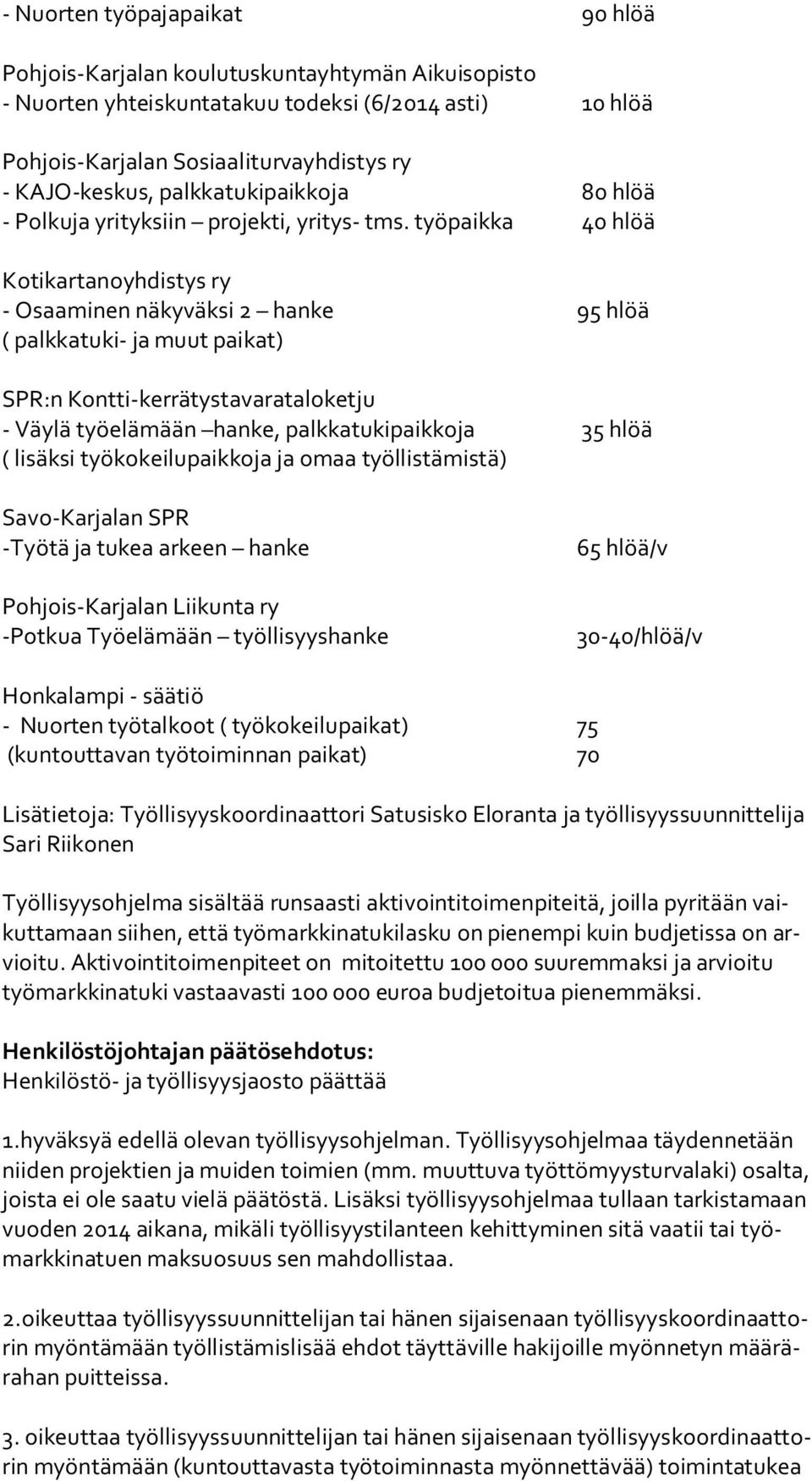 työpaikka 40 hlöä Kotikartanoyhdistys ry - Osaaminen näkyväksi 2 hanke 95 hlöä ( palkkatuki- ja muut paikat) SPR:n Kontti-kerrätystavarataloketju - Väylä työelämään hanke, palkkatukipaikkoja 35 hlöä