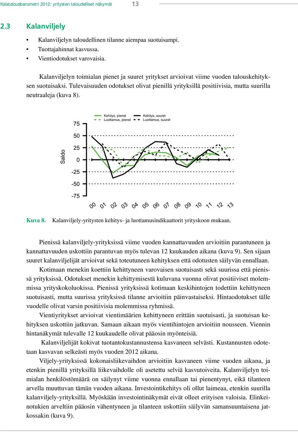 Tulevaisuuden odotukset olivat pienillä yrityksillä positiivisia, mutta suurilla neutraaleja (kuva 8). Kuva 8. Kalanviljely-yritysten kehitys- ja luottamusindikaattorit yrityskoon mukaan.