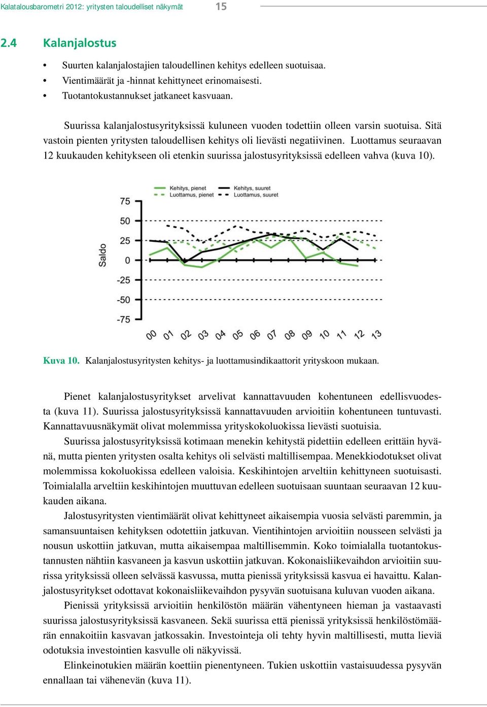 Sitä vastoin pienten yritysten taloudellisen kehitys oli lievästi negatiivinen. Luottamus seuraavan 12 kuukauden kehitykseen oli etenkin suurissa jalostusyrityksissä edelleen vahva (kuva 10). Kuva 10.