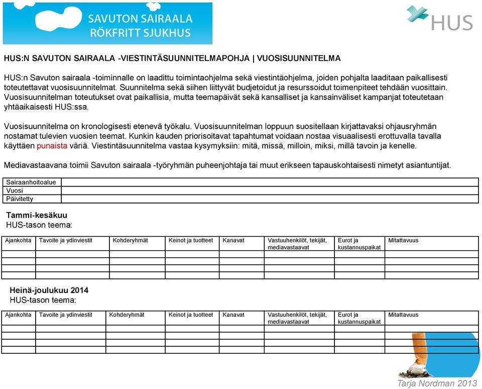 Vuosisuunnitelman toteutukset ovat paikallisia, mutta teemapäivät sekä kansalliset ja kansainväliset kampanjat toteutetaan yhtäaikaisesti HUS:ssa. Vuosisuunnitelma on kronologisesti etenevä työkalu.