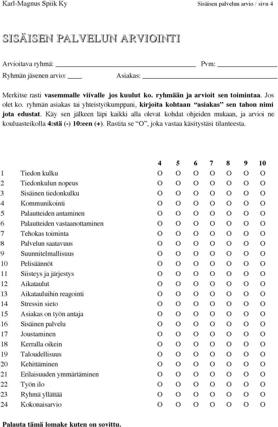 Käy sen jälkeen läpi kaikki alla olevat kohdat ohjeiden mukaan, ja arvioi ne kouluasteikolla 4:stä (-) 10:een (+). Rastita se O, joka vastaa käsitystäsi tilanteesta.