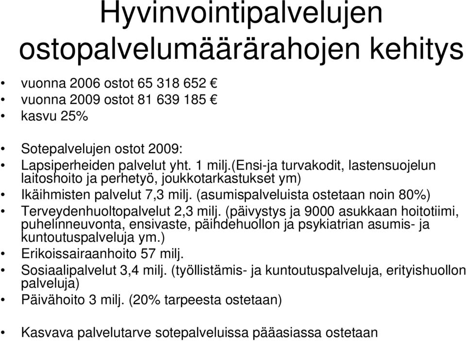 (asumispalveluista ostetaan noin 80%) Terveydenhuoltopalvelut 2,3 milj.