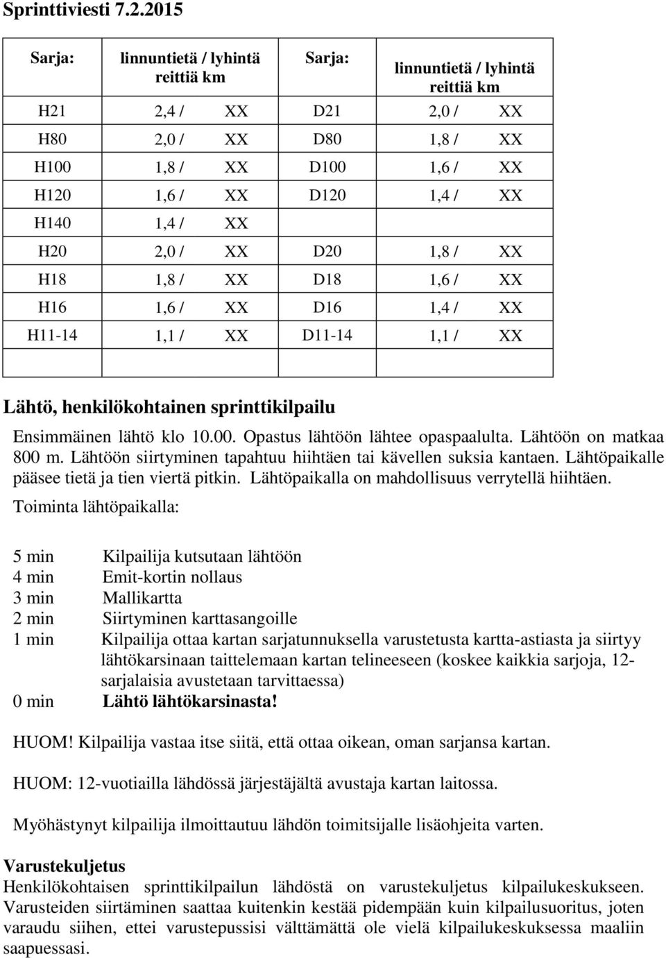 1,4 / XX H20 2,0 / XX D20 1,8 / XX H18 1,8 / XX D18 1,6 / XX H16 1,6 / XX D16 1,4 / XX H11-14 1,1 / XX D11-14 1,1 / XX Lähtö, henkilökohtainen sprinttikilpailu Ensimmäinen lähtö klo 10.00.