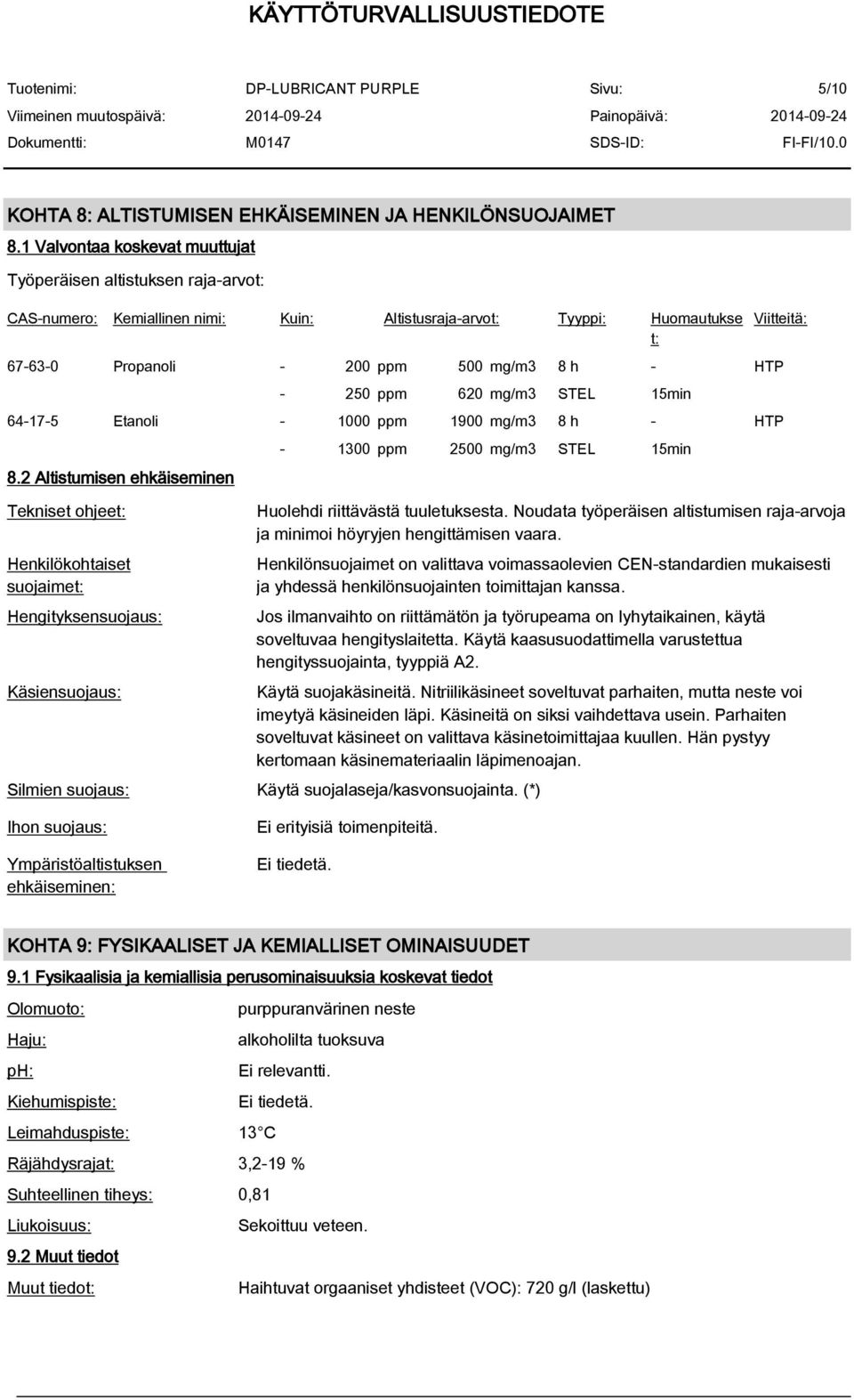 ppm 620 mg/m3 STEL 15min 64-17-5 Etanoli - 1000 ppm 1900 mg/m3 8 h - HTP 8.