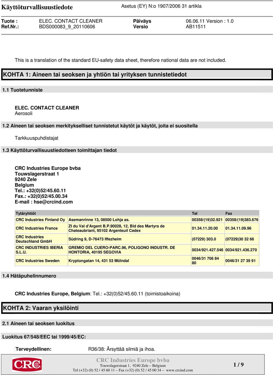 3 Käyttöturvallisuustiedotteen toimittajan tiedot Touwslagerstraat 1 9240 Zele Belgium Tel.: +32(0)52/45.60.11 Fax.: +32(0)52/45.00.34 E-mail : hse@crcind.