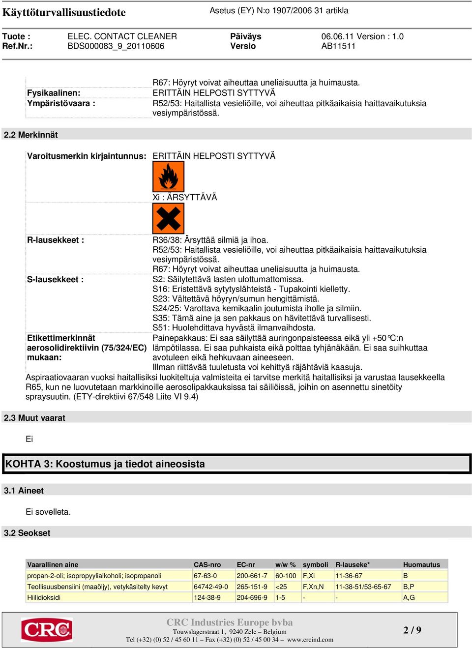 2 Merkinnät Varoitusmerkin kirjaintunnus: ERITTÄIN HELPOSTI SYTTYVÄ Xi : ÄRSYTTÄVÄ R-lausekkeet : S-lausekkeet : Etikettimerkinnät aerosolidirektiivin (75/324/EC) mukaan: R36/38: Ärsyttää silmiä ja