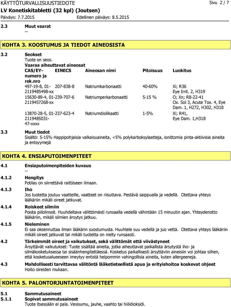 2, H319 15630-89-4, 01-239-707-6 Natriumperkarbonaatti 5-15 % O; Xn; R8-22-41 2119457268-xx Ox. Sol 3, Acute Tox. 4, Eye Dam.