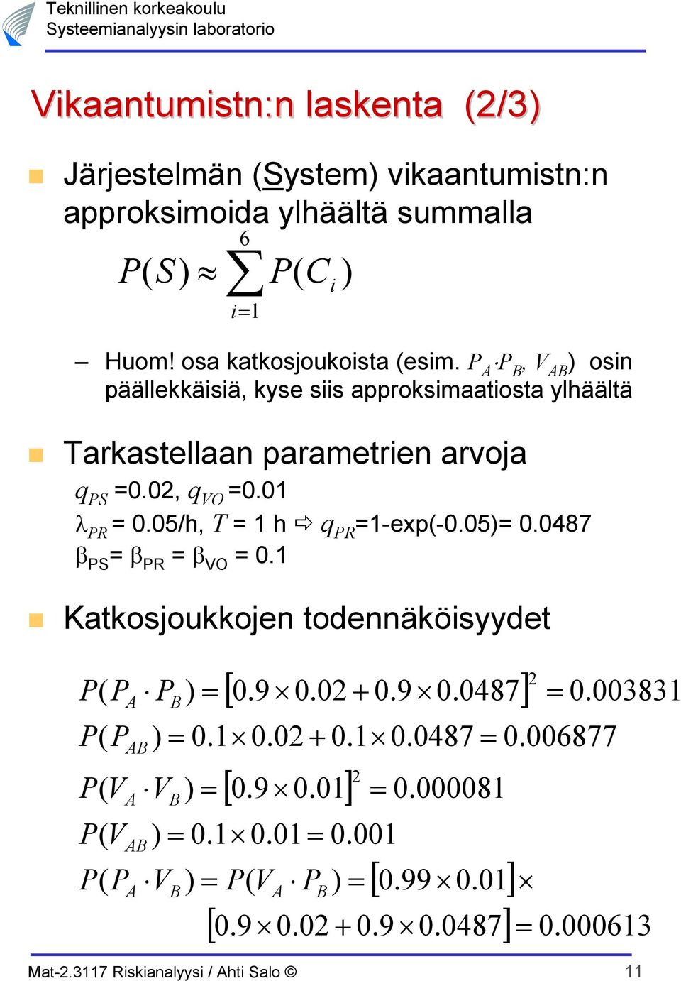 0, q VO 0.01 λ R 0.05/h, T 1 h q R 1-exp-0.05 0.0487 β S β R β VO 0.1 Katkosjoukkojen todennäköisyydet V V V V [ 0.9 0.0 0.9 0.0487] 0.