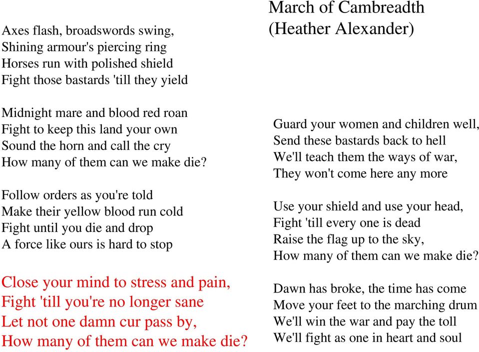 Follow orders as you're told Make their yellow blood run cold Fight until you die and drop A force like ours is hard to stop Close your mind to stress and pain, Fight 'till you're no longer sane Let