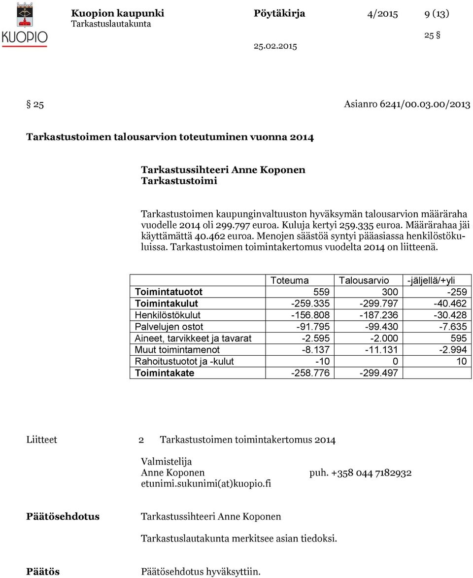 Määrärahaa jäi käyttämättä 40.462 euroa. Menojen säästöä syntyi pääasiassa henkilöstökuluissa. Tarkastustoimen toimintakertomus vuodelta 2014 on liitteenä.