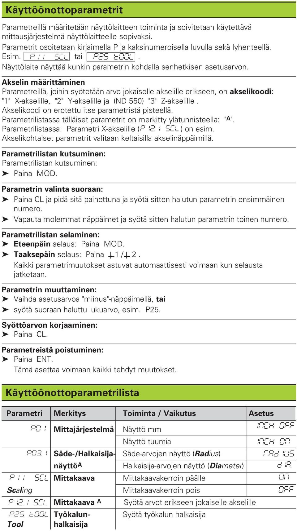 Akselin määrittäminen Parametreillä, joihin syötetään arvo jokaiselle akselille erikseen, on akselikoodi: "1" X-akselille, "2" Y-akselille ja (ND 550) "3" Z-akselille.