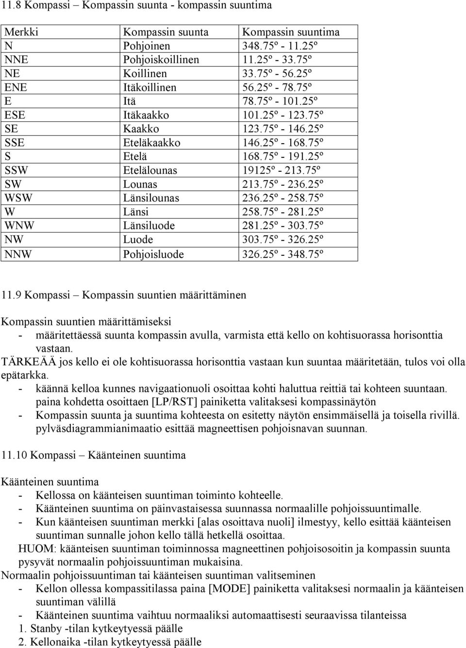 25º SSW Etelälounas 19125º - 213.75º SW Lounas 213.75º - 236.25º WSW Länsilounas 236.25º - 258.75º W Länsi 258.75º - 281.25º WNW Länsiluode 281.25º - 303.75º NW Luode 303.75º - 326.