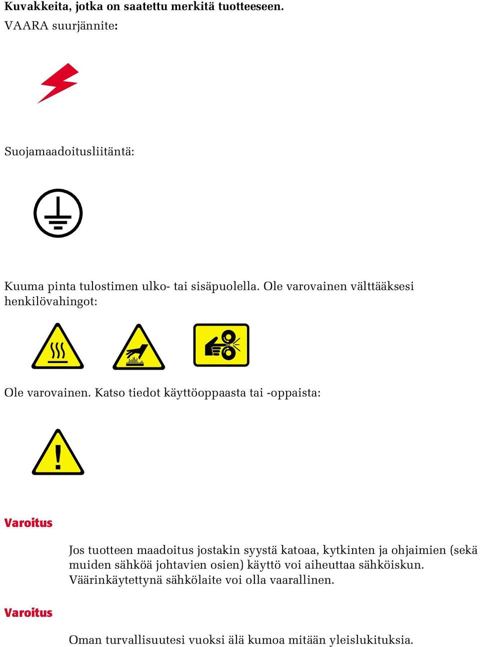 Ole varovainen välttääksesi henkilövahingot: Ole varovainen.