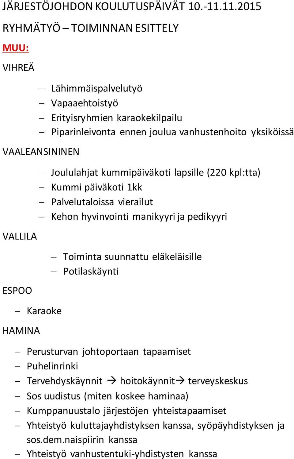 VALLILA ESPOO Joululahjat kummipäiväkoti lapsille (220 kpl:tta) Kummi päiväkoti 1kk Palvelutaloissa vierailut Kehon hyvinvointi manikyyri ja pedikyyri Karaoke HAMINA Toiminta