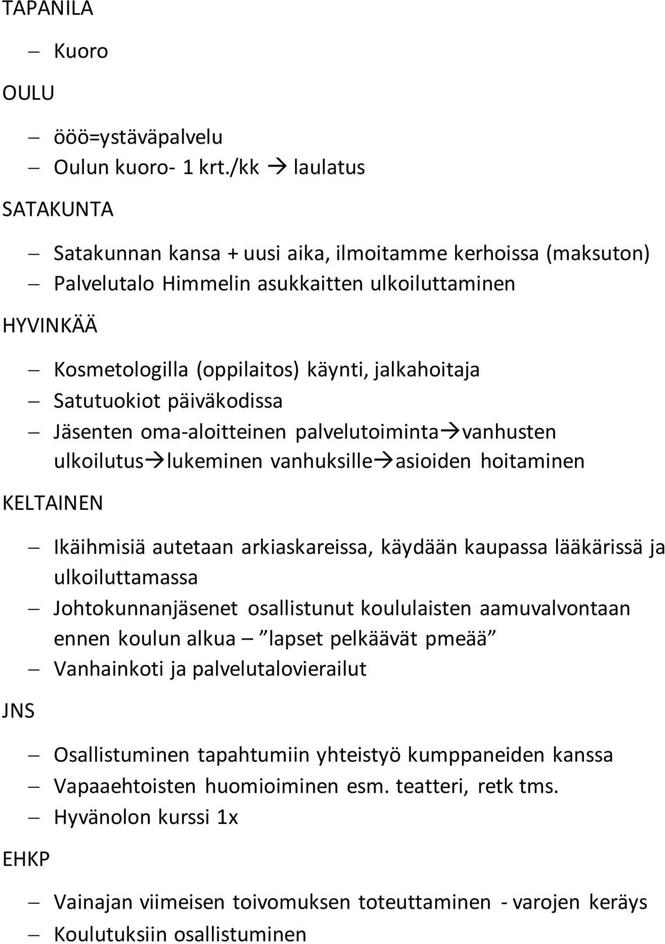 Satutuokiot päiväkodissa Jäsenten oma-aloitteinen palvelutoiminta vanhusten ulkoilutus lukeminen vanhuksille asioiden hoitaminen KELTAINEN JNS Ikäihmisiä autetaan arkiaskareissa, käydään kaupassa