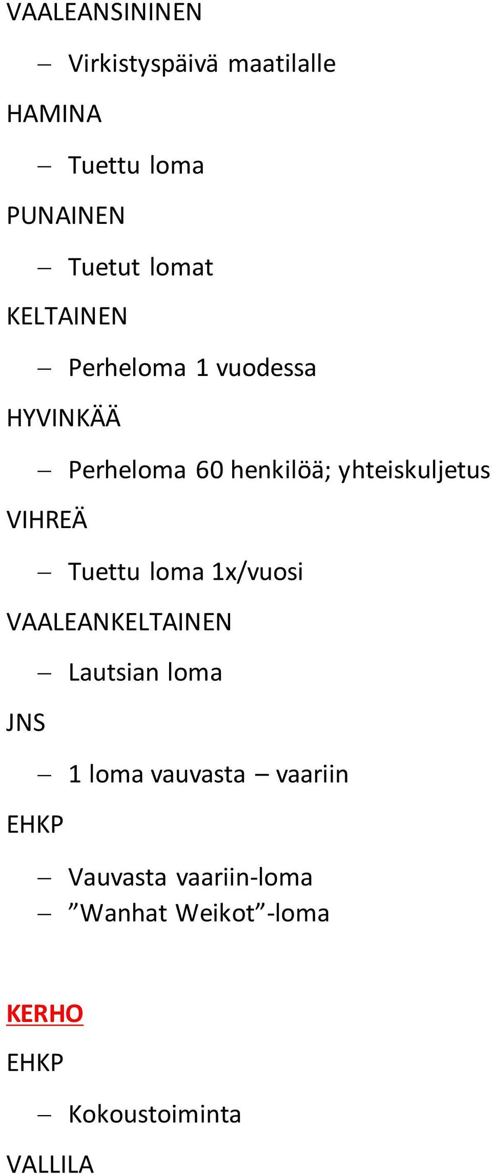 VIHREÄ Tuettu loma 1x/vuosi VAALEANKELTAINEN JNS EHKP Lautsian loma 1 loma