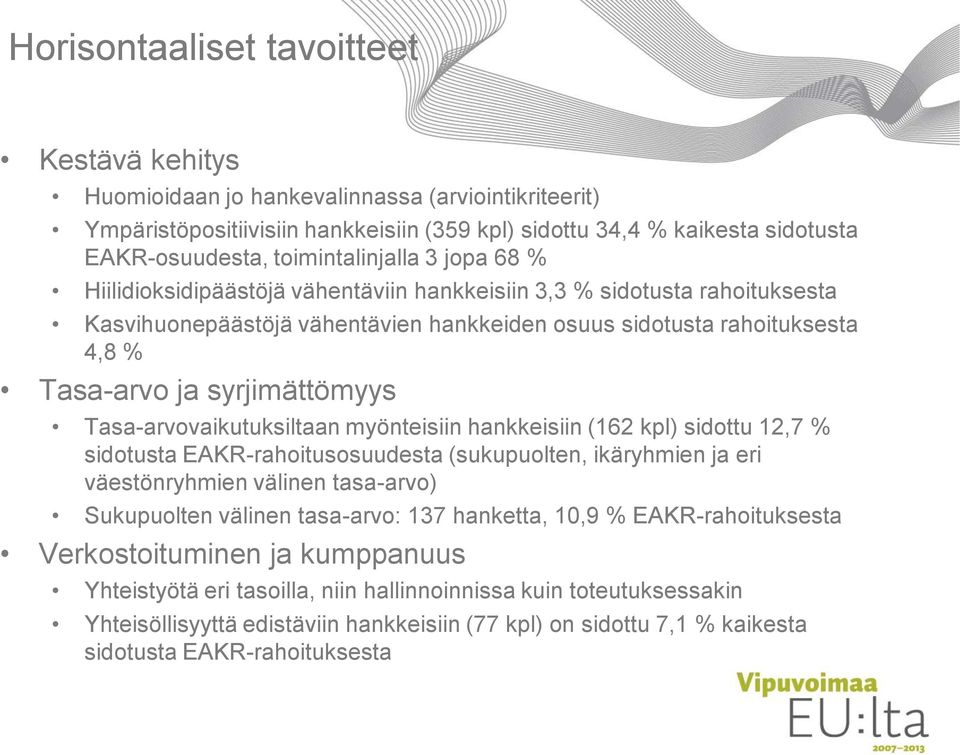 syrjimättömyys Tasa-arvovaikutuksiltaan myönteisiin hankkeisiin (162 kpl) sidottu 12,7 % sidotusta EAKR-rahoitusosuudesta (sukupuolten, ikäryhmien ja eri väestönryhmien välinen tasa-arvo) Sukupuolten