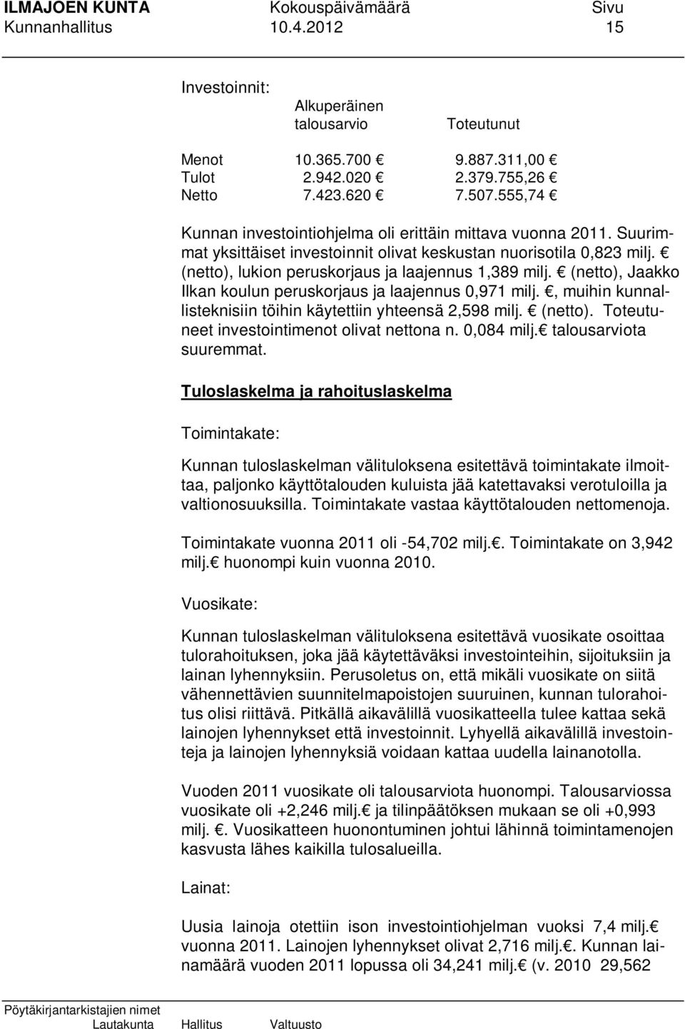 (netto), Jaakko Ilkan koulun peruskorjaus ja laajennus 0,971 milj., muihin kunnallisteknisiin töihin käytettiin yhteensä 2,598 milj. (netto). Toteutuneet investointimenot olivat nettona n. 0,084 milj.