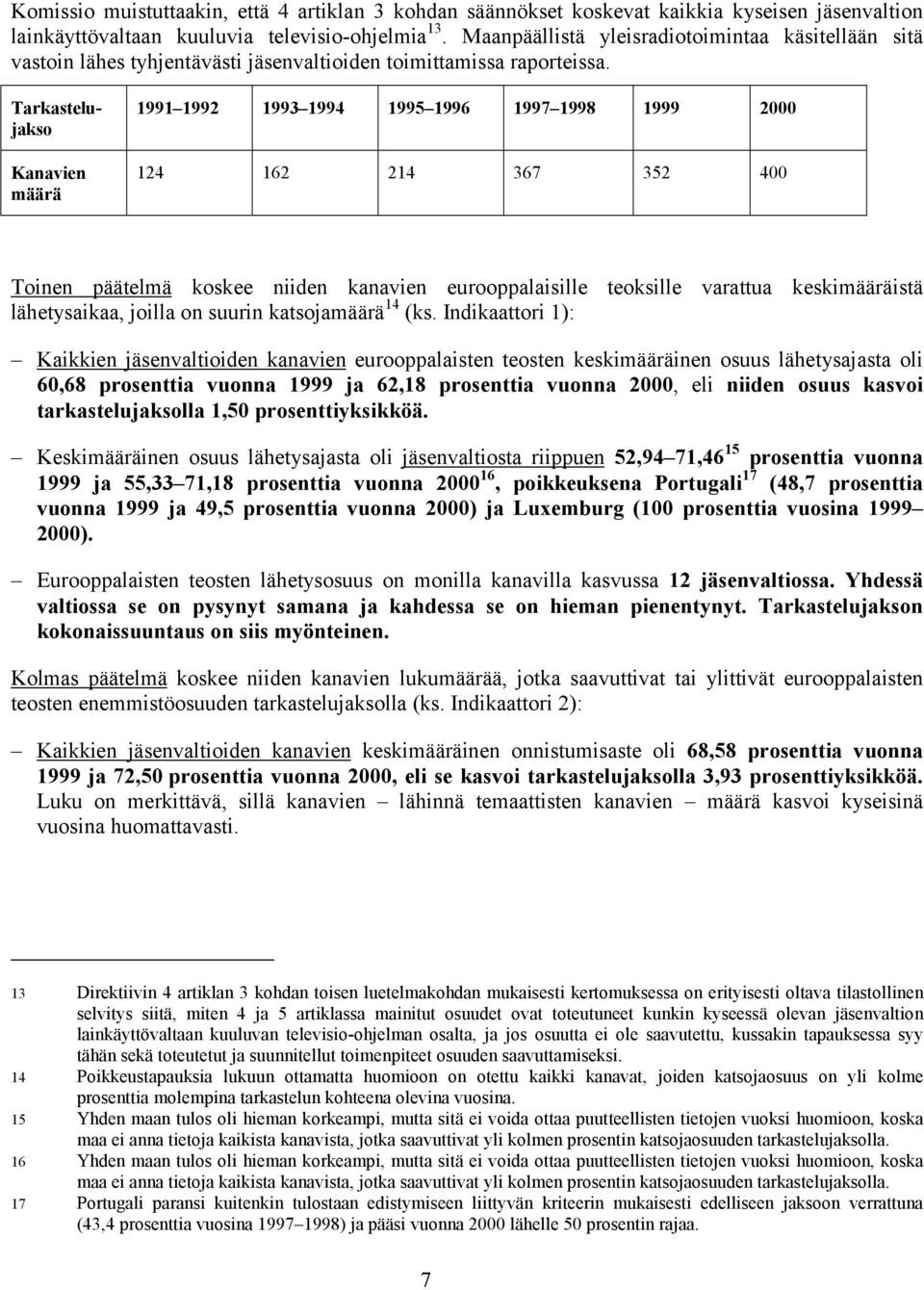 Tarkastelujakso Kanavien määrä 1991 1992 1993 1994 1995 1996 1997 1998 1999 2000 124 162 214 367 352 400 Toinen päätelmä koskee niiden kanavien eurooppalaisille teoksille varattua keskimääräistä