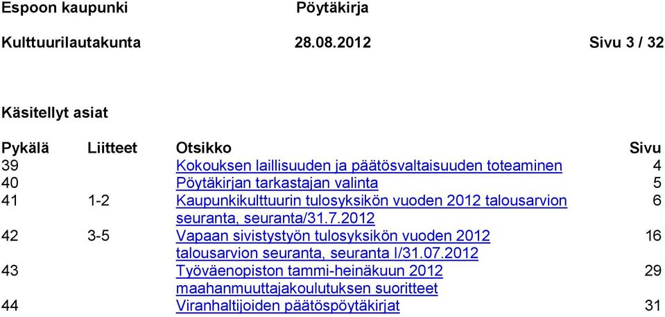 Pöytäkirjan tarkastajan valinta 5 41 1-2 Kaupunkikulttuurin tulosyksikön vuoden 2012 talousarvion 6 seuranta, seuranta/31.7.