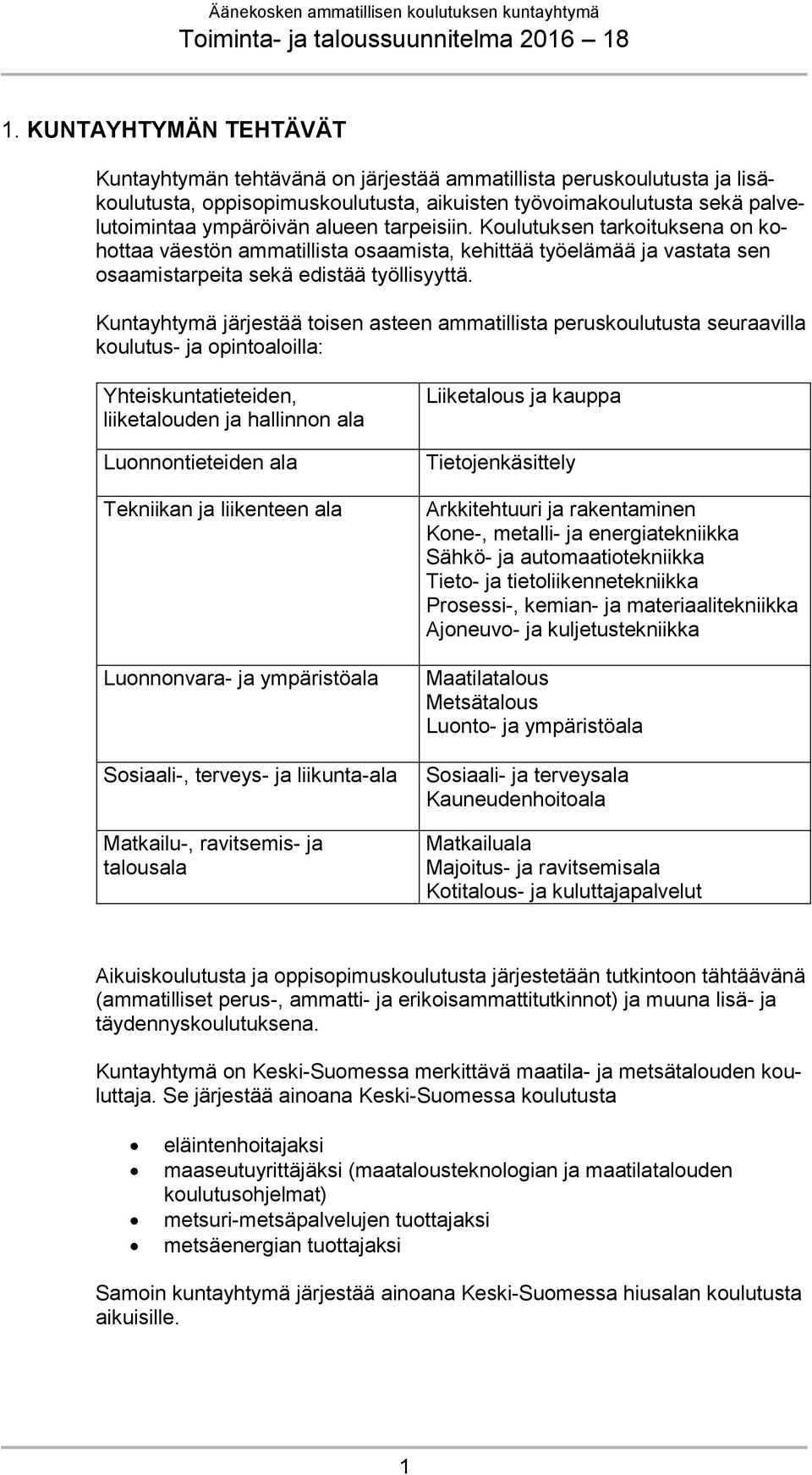 Kuntayhtymä järjestää toisen asteen ammatillista peruskoulutusta seuraavilla koulutus- ja opintoaloilla: Yhteiskuntatieteiden, liiketalouden ja hallinnon ala Luonnontieteiden ala Tekniikan ja