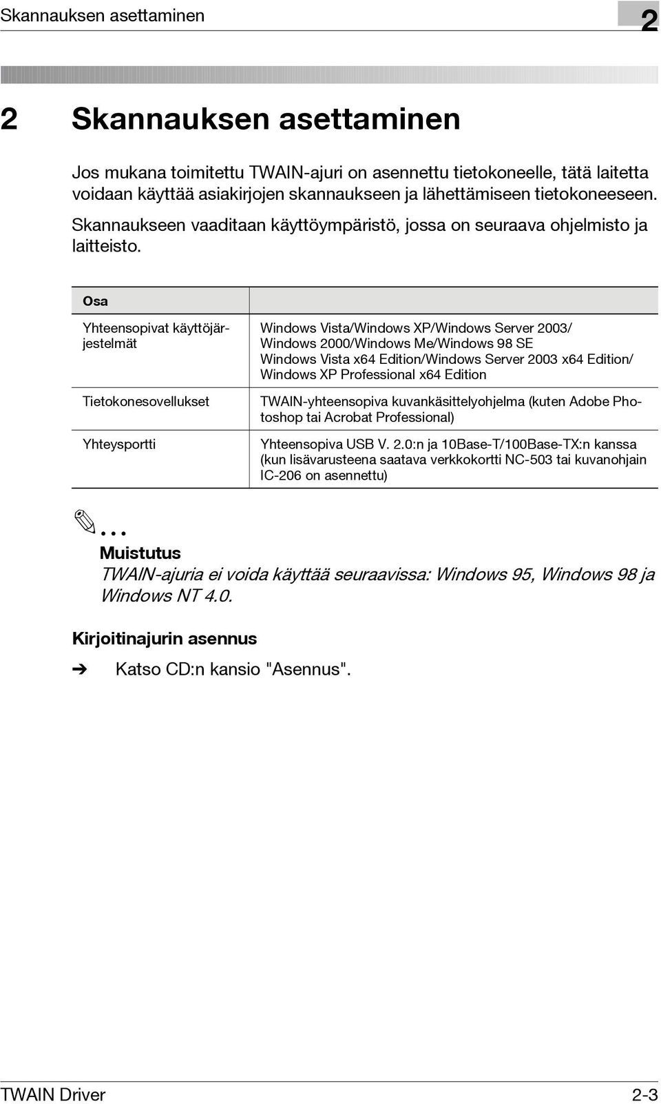 Osa Yhteensopivat käyttöjärjestelmät Tietokonesovellukset Yhteysportti Windows Vista/Windows XP/Windows Server 2003/ Windows 2000/Windows Me/Windows 98 SE Windows Vista x64 Edition/Windows Server