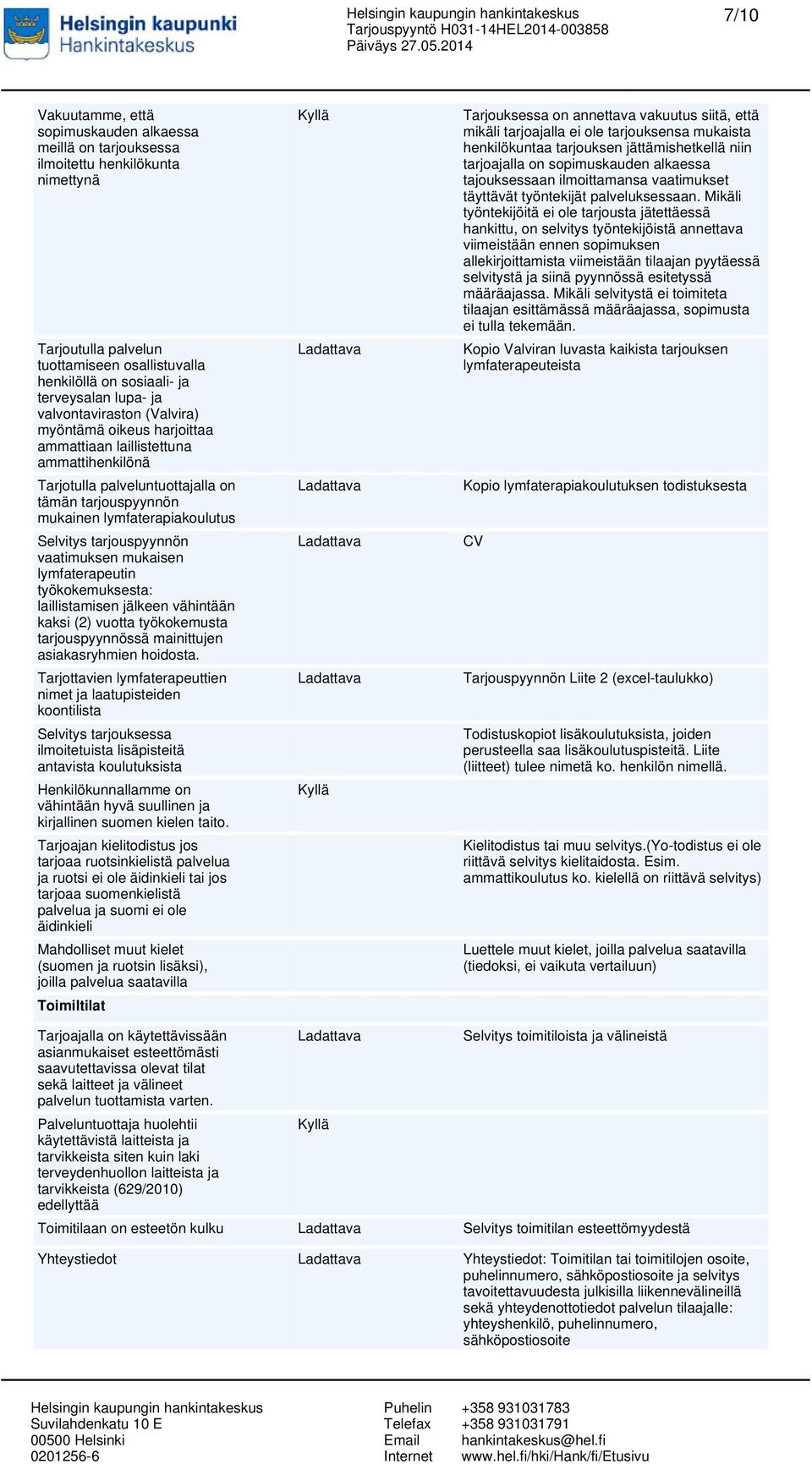 tarjouspyynnön vaatimuksen mukaisen lymfaterapeutin työkokemuksesta: laillistamisen jälkeen vähintään kaksi (2) vuotta työkokemusta tarjouspyynnössä mainittujen asiakasryhmien hoidosta.