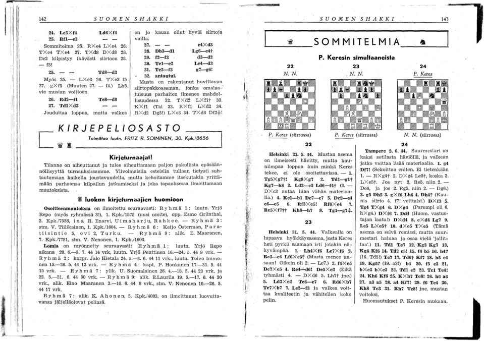 Musta n rakentanut huvittavan siirtpakkaseman, jnka malaa-' tuisuus parhaiten ilmenee mahdllisuudessa 3. TXd LXflt 33. KXfl (Tai 33. RXfl LXd 3. RXd Dg5!) LXe3 3. TXd8 Df:f:! N.N. S 0 M M TEL M A ---!