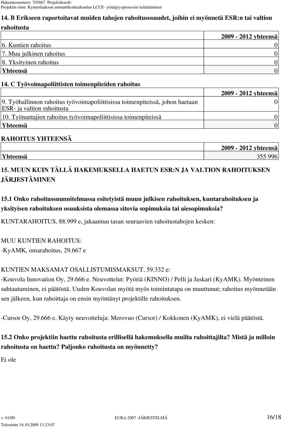 Työhallinnon rahoitus työvoimapoliittisissa toimenpiteissä, johon haetaan 0 ESR- ja valtion rahoitusta 10.