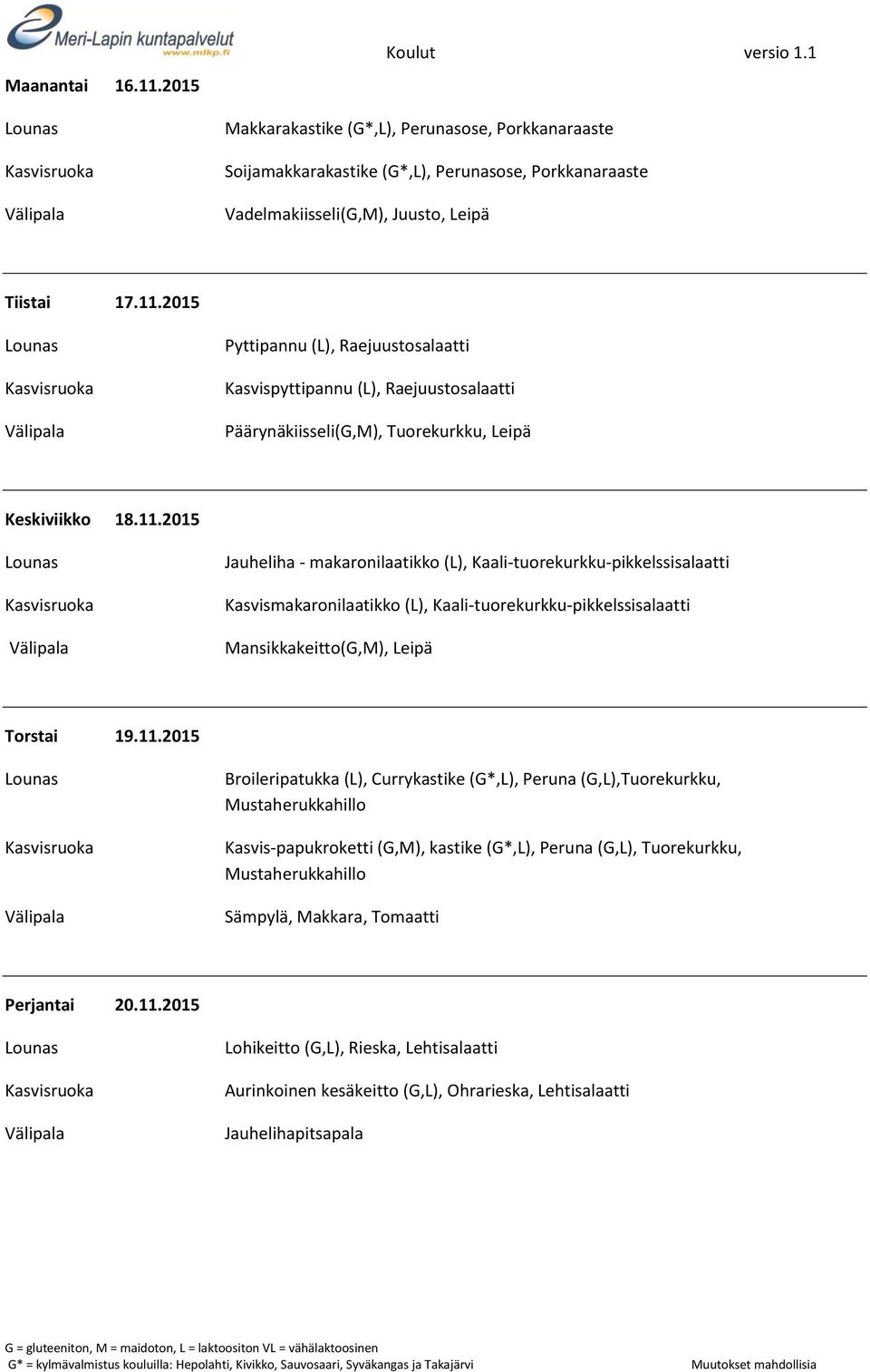Broileripatukka (L), Currykastike (G*,L), Peruna (G,L),Tuorekurkku, Mustaherukkahillo Kasvis-papukroketti (G,M), kastike (G*,L), Peruna (G,L), Tuorekurkku, Mustaherukkahillo Sämpylä, Makkara,