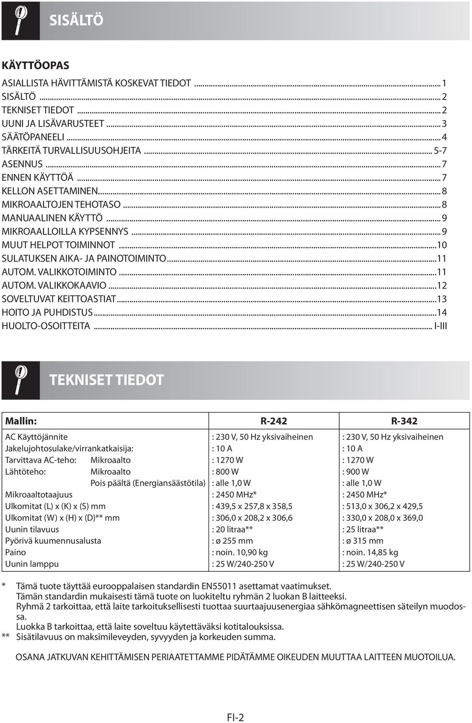 VALIKKOTOIMINTO...11 AUTOM. VALIKKOKAAVIO...12 SOVELTUVAT KEITTOASTIAT...13 HOITO JA PUHDISTUS...14 HUOLTO-OSOITTEITA.