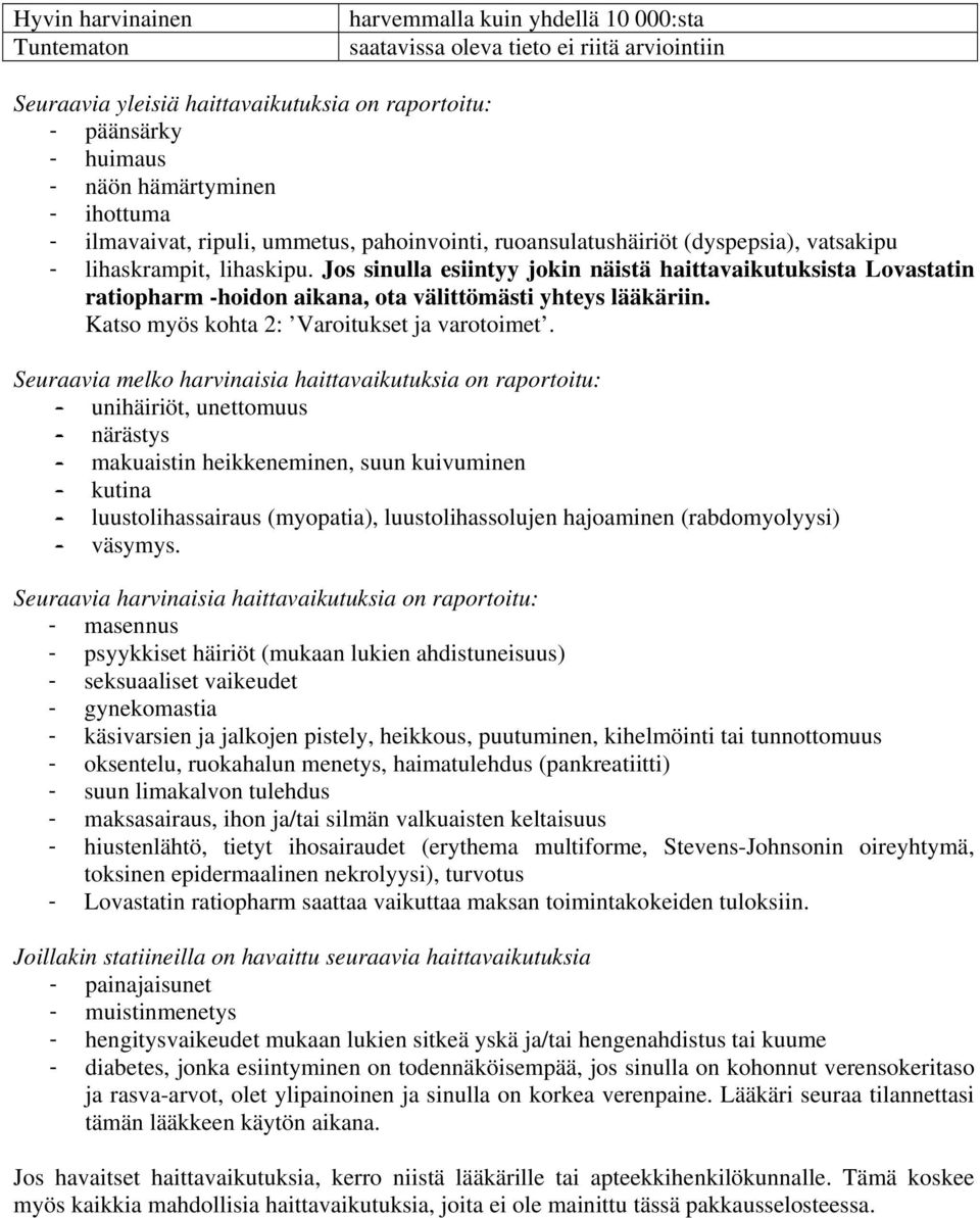 Jos sinulla esiintyy jokin näistä haittavaikutuksista Lovastatin ratiopharm -hoidon aikana, ota välittömästi yhteys lääkäriin. Katso myös kohta 2: Varoitukset ja varotoimet.