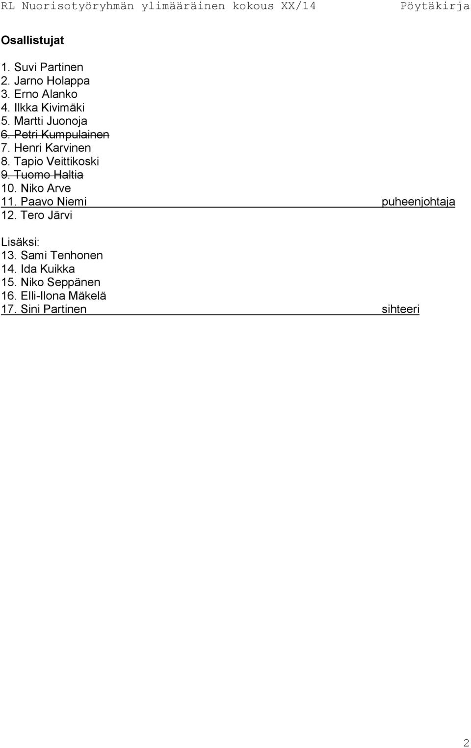 Tuomo Haltia 10. Niko Arve 11. Paavo Niemi puheenjohtaja 12. Tero Järvi Lisäksi: 13.