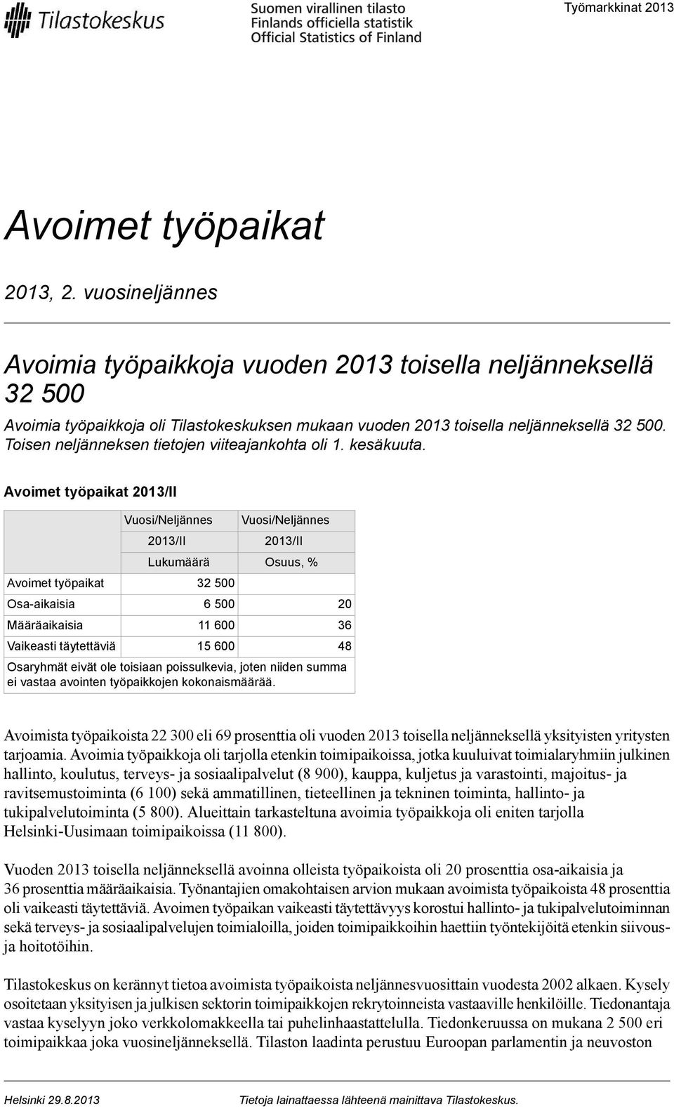 Avoimet työpaikat Avoimet työpaikat Osa-aikaisia Määräaikaisia Vaikeasti täytettäviä Lukumäärä 6 500 11 600 15 600 Osuus, % Osaryhmät eivät ole toisiaan poissulkevia, joten niiden summa ei vastaa