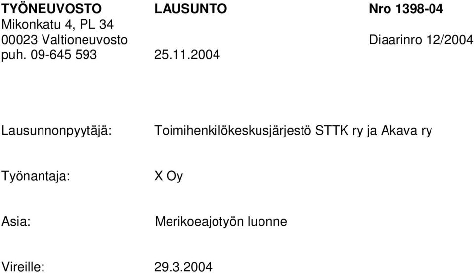 2004 Lausunnonpyytäjä: Toimihenkilökeskusjärjestö STTK ry ja
