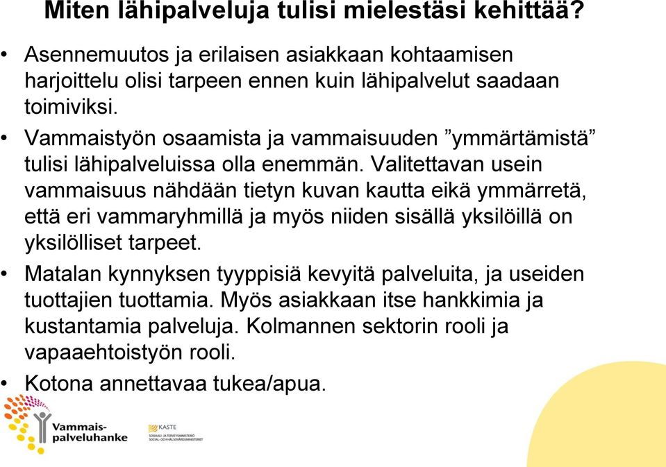Vammaistyön osaamista ja vammaisuuden ymmärtämistä tulisi lähipalveluissa olla enemmän.