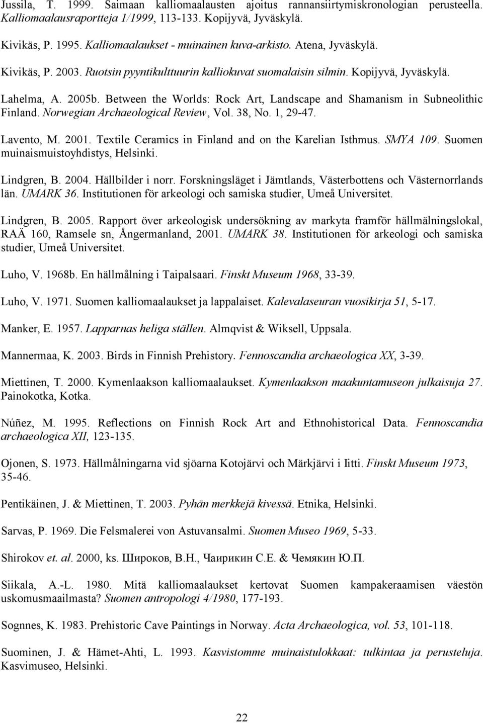 Between the Worlds: Rock Art, Landscape and Shamanism in Subneolithic Finland. Norwegian Archaeological Review, Vol. 38, No. 1, 29-47. Lavento, M. 2001.