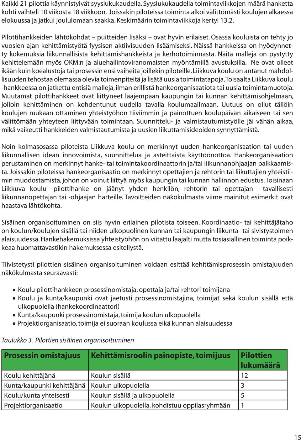 Pilottihankkeiden lähtökohdat puitteiden lisäksi ovat hyvin erilaiset. Osassa kouluista on tehty jo vuosien ajan kehittämistyötä fyysisen aktiivisuuden lisäämiseksi.