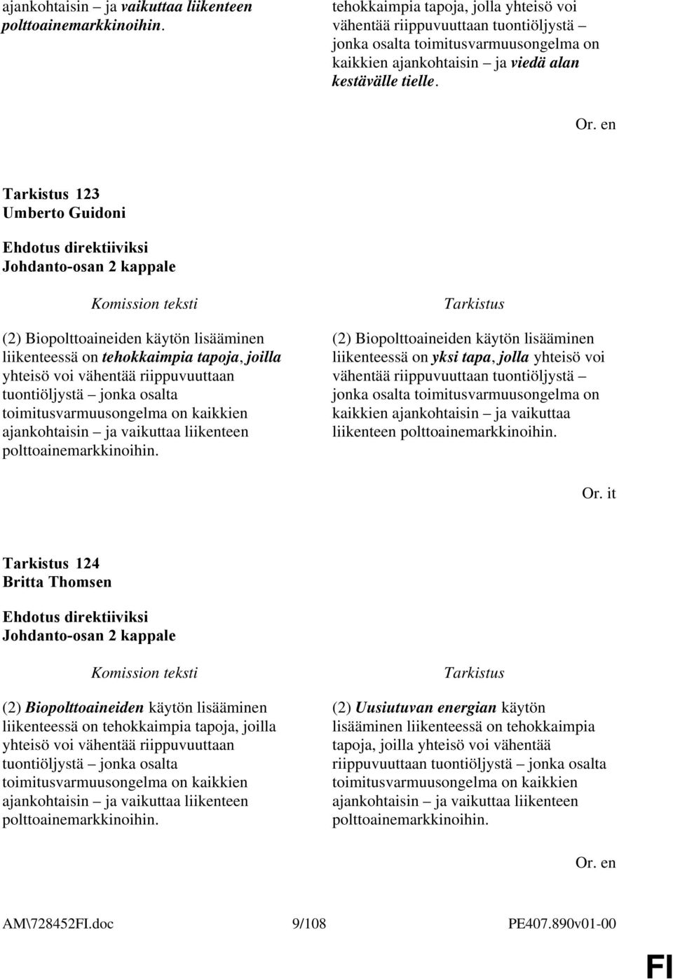 123 Umberto Guidoni Johdanto-osan 2 kappale (2) Biopolttoaineiden käytön lisääminen liikenteessä on tehokkaimpia tapoja, joilla yhteisö voi vähentää riippuvuuttaan tuontiöljystä jonka osalta