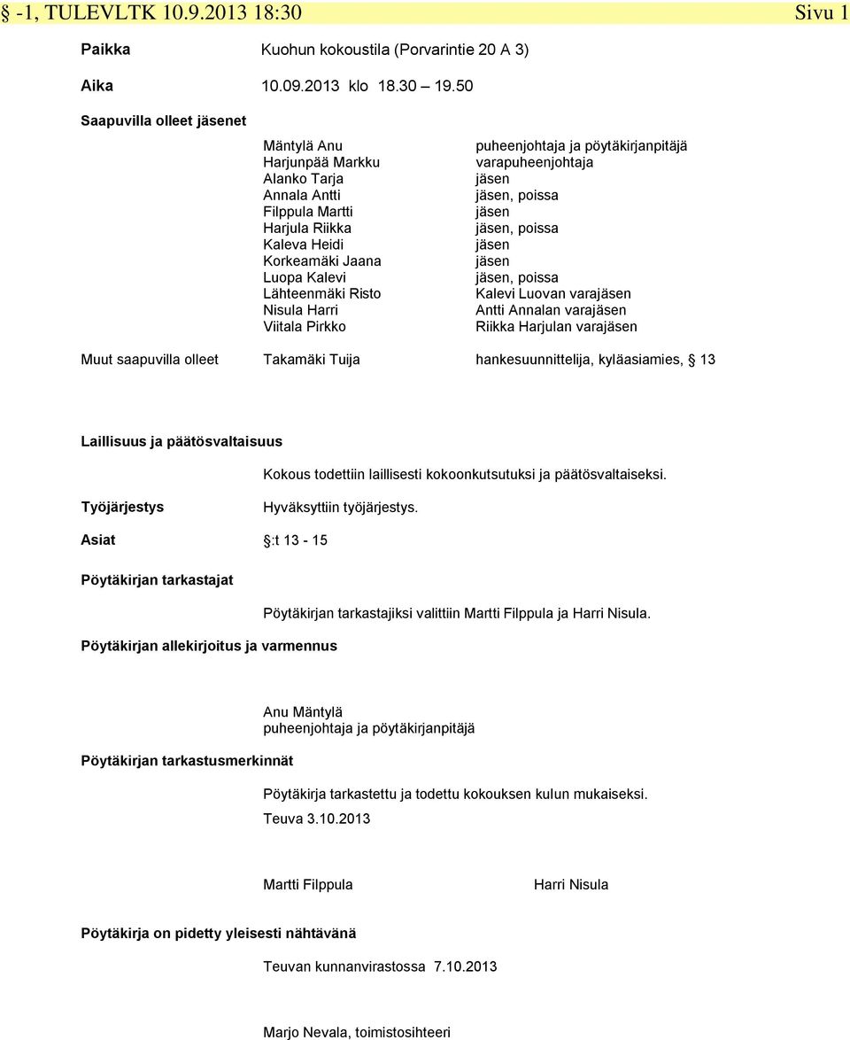 puheenjohtaja ja pöytäkirjanpitäjä varapuheenjohtaja, poissa, poissa, poissa Kalevi Luovan vara Antti Annalan vara Riikka Harjulan vara Muut saapuvilla olleet Takamäki Tuija hankesuunnittelija,